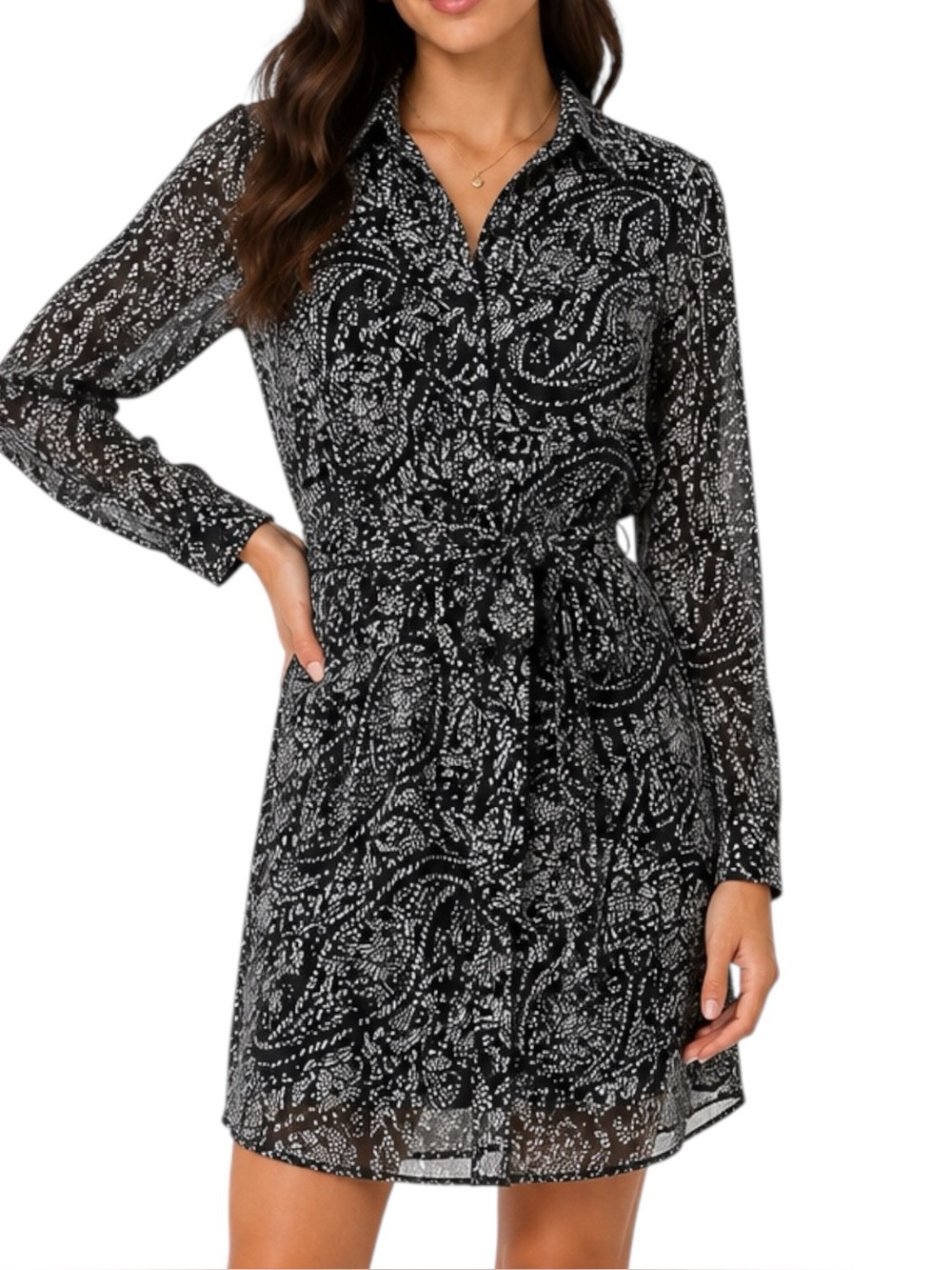 Lucky Brand Paisley Shirtdress XS NWT Black White Tie Waist Boho Sheer